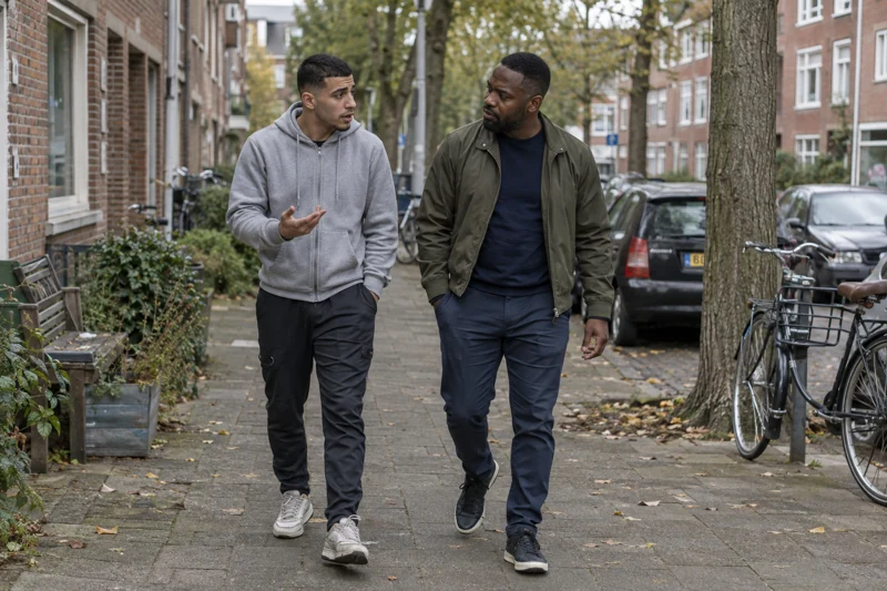 Een jongvolwassene en zijn begeleider wandelen in gesprek door de wijk