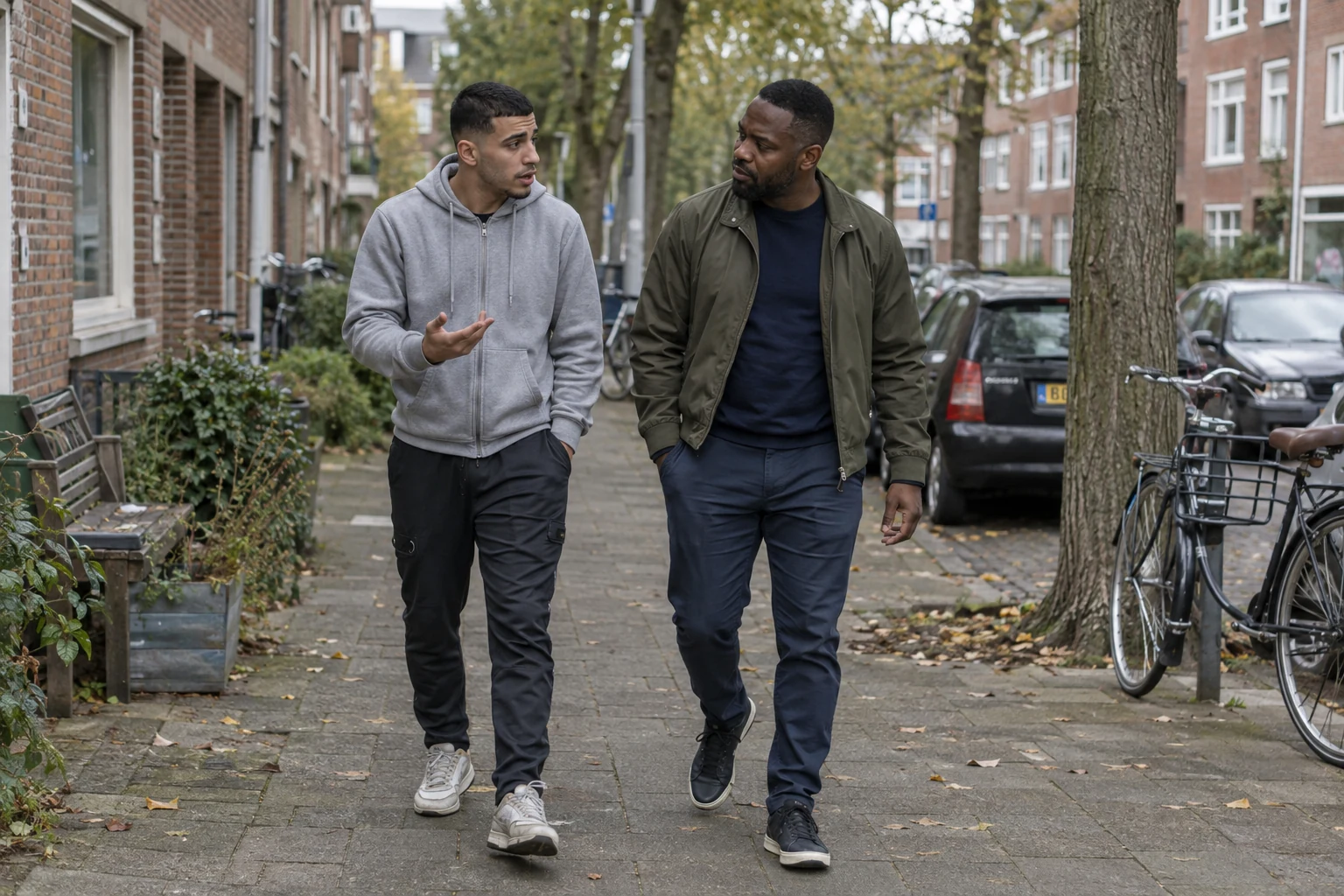 Een jongvolwassene en zijn begeleider wandelen in gesprek door de wijk